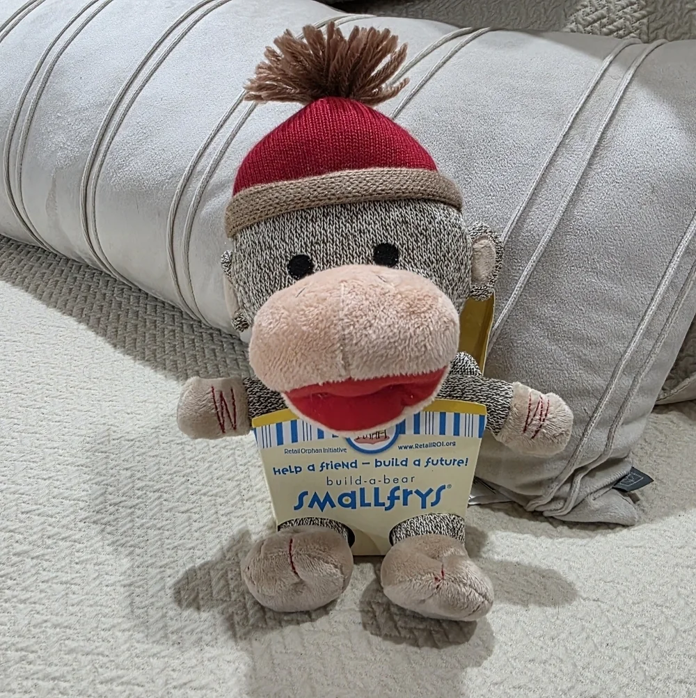 Build-A-Bear Smallfrys Sock Monkey Plush With Red Knit Hat Pompom Beanie Retired